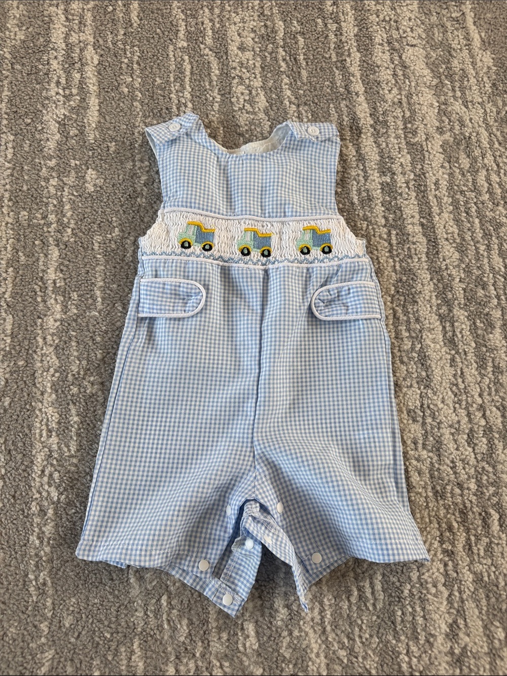 Blue Gingham Smocked Shortalls with Truck Motif - Kids Bottoms